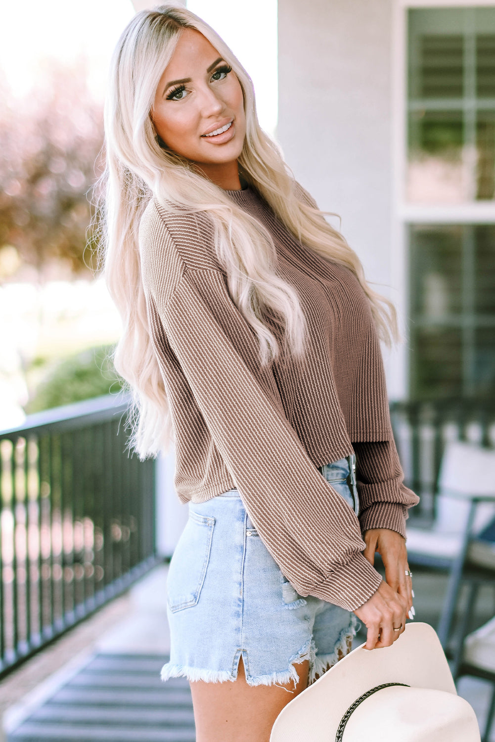 Khaki Game Day Graphic Crop Corded Knit Top