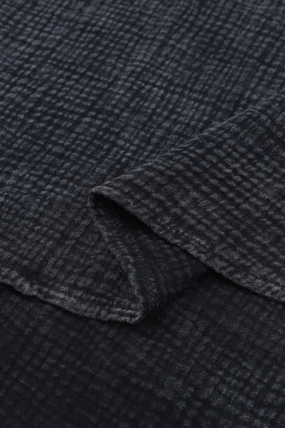 Light Blue Plus Size Split Neck Buttons Crinkled Blouse