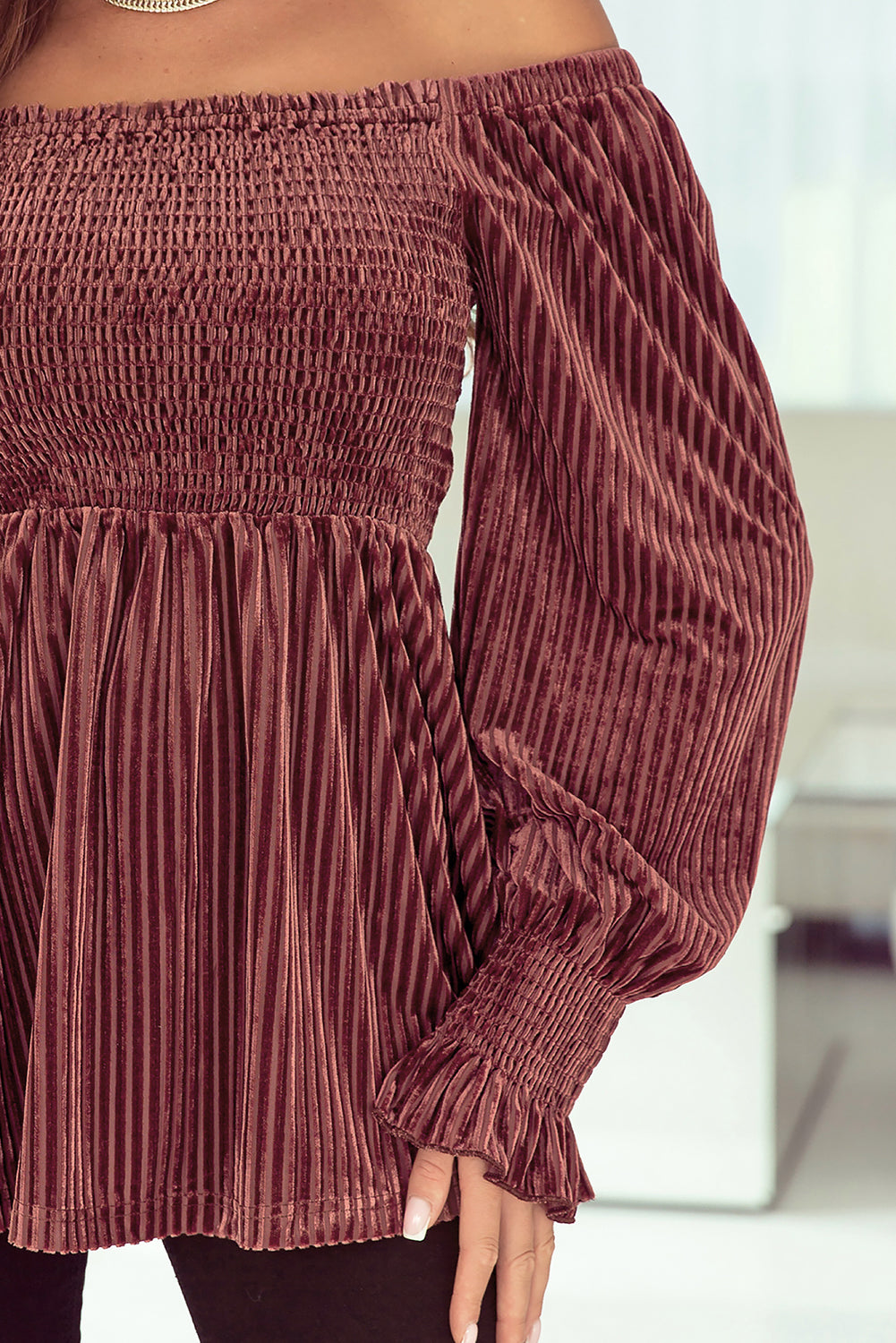 Blackish Green Smocked Ribbed Velvet Babydoll Top