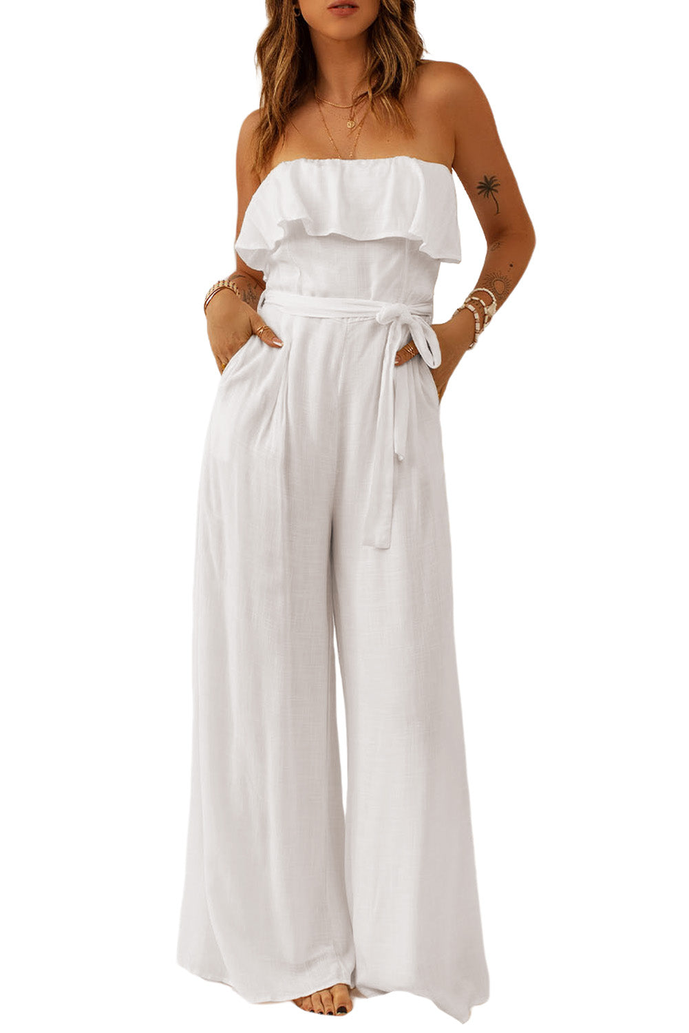 White Ruffled Bandeau Wide Leg Jumpsuit