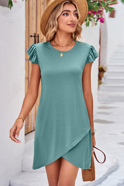 Green Round Neck Ruffle Sleeve Wrap Hem Dress