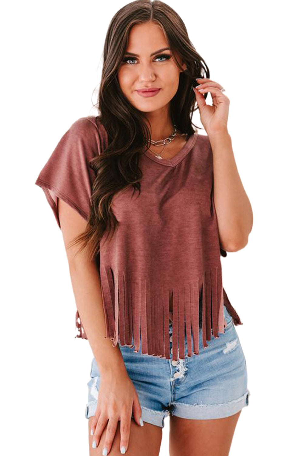 Red Fringe Hem V Neck T Shirt