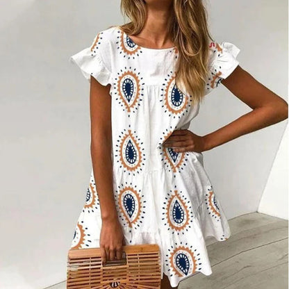 Printed women's ruffled sleeve dress