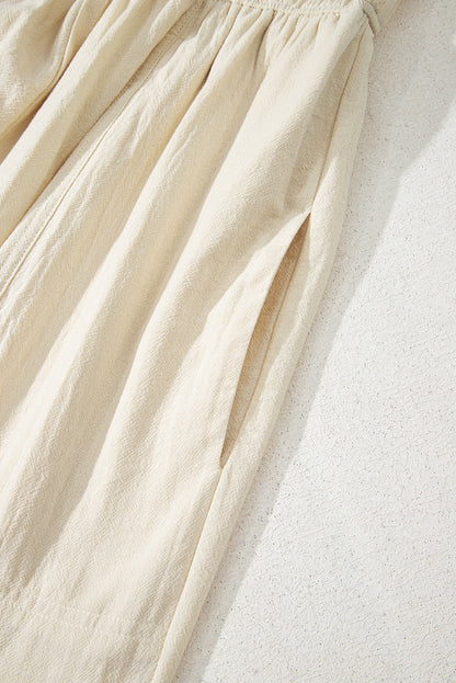 Beige Ruched High Waist Sleeveless Wide Leg Jumpsuit