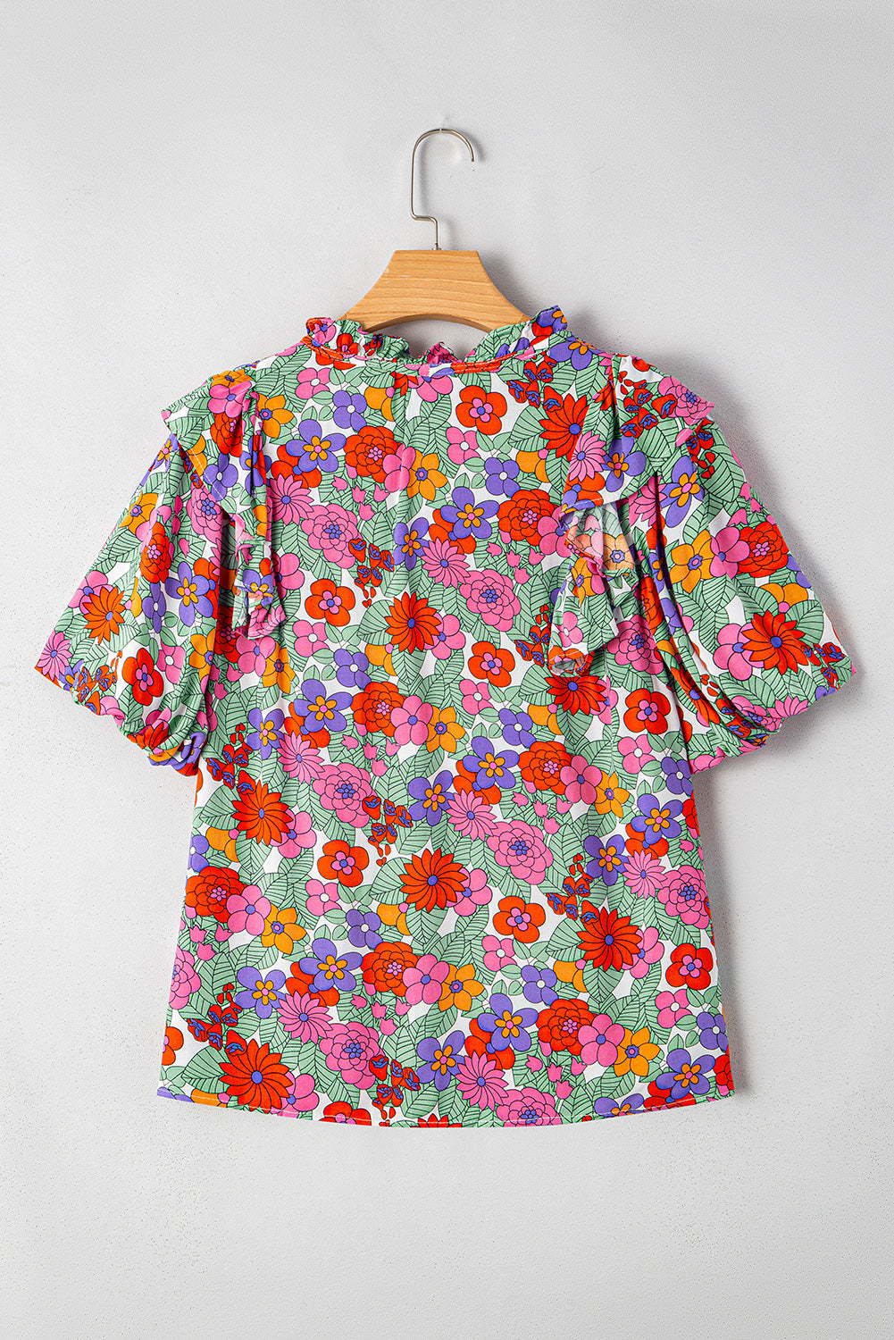 Red Floral Tie Split Neck Ruffle Puff Sleeve Blouse