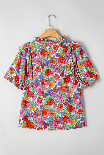 Red Floral Tie Split Neck Ruffle Puff Sleeve Blouse