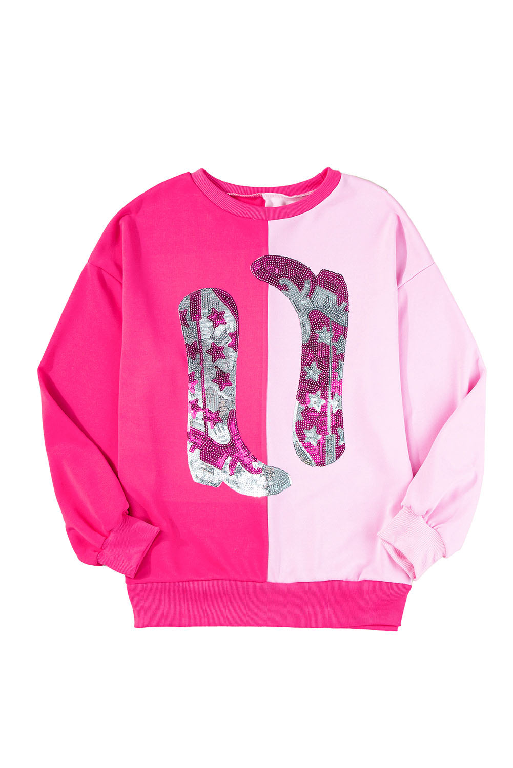Pink Color Block Sequined Cowgirl Boots Graphic Sweatshirt I cease