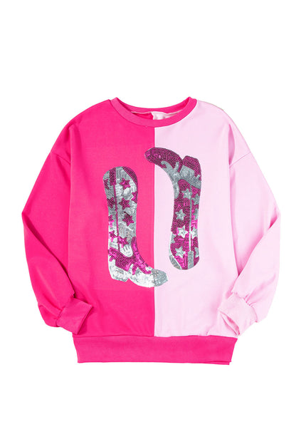 Pink Color Block Sequined Cowgirl Boots Graphic Sweatshirt I cease