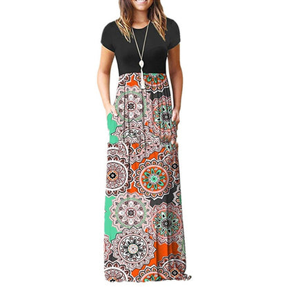 Dress Round Neck Short Sleeve Printed Waist-controlled