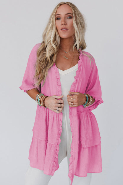 Gray Ruffled Trim Half Sleeve Open Front Kimono