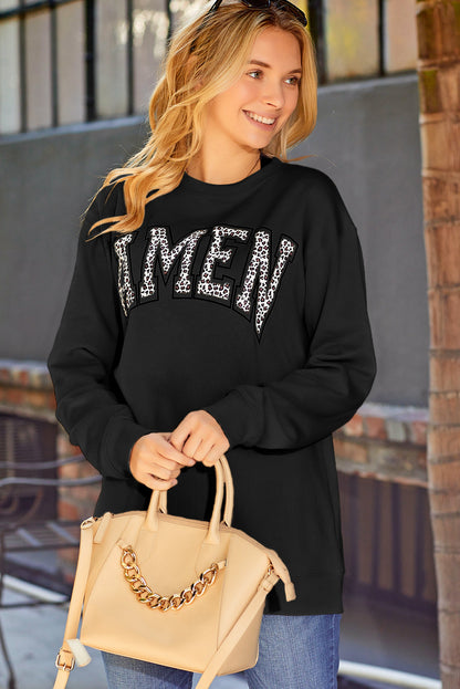 Pink AMEN Leopard Letter Print Oversized Pullover Sweatshirt