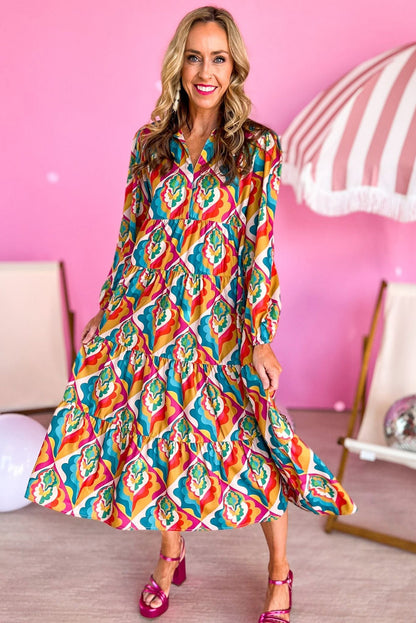 Multicolor Abstract Geometric Print Long Sleeve High Waist Dress
