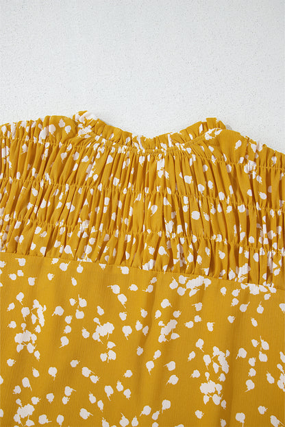 Yellow Plus Size Floral Print Ruched Split Neck Blouse