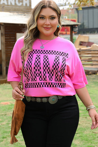 Bright Pink Checker MAMA Letter Printed Graphic Plus Size T Shirt