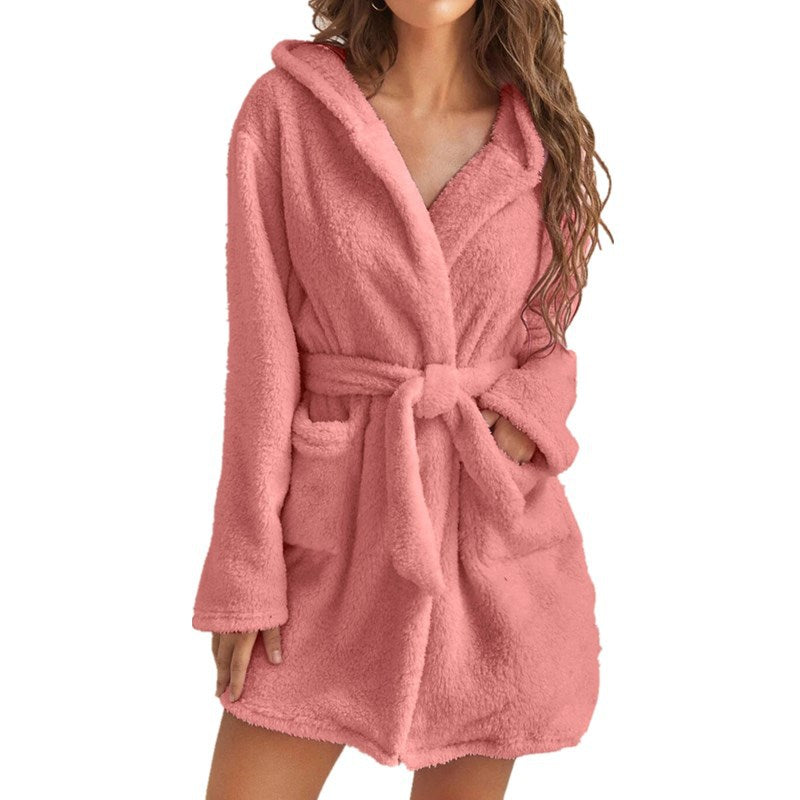 Plush Solid Color Hooded Home Warm Bathrobe Pajamas