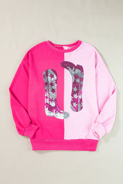 Pink Color Block Sequined Cowgirl Boots Graphic Sweatshirt I cease
