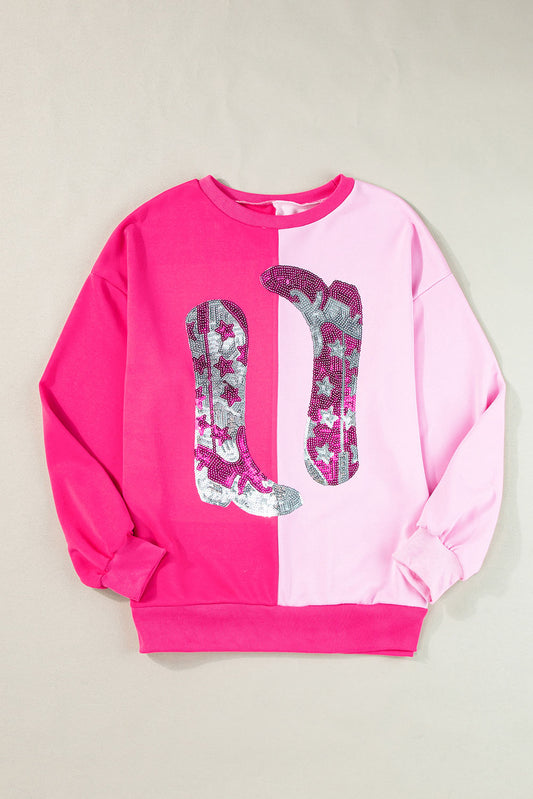 Pink Color Block Sequined Cowgirl Boots Graphic Sweatshirt I cease