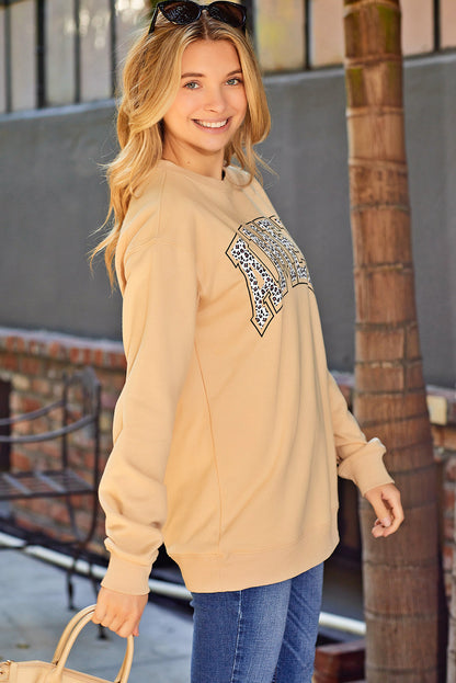 Pink AMEN Leopard Letter Print Oversized Pullover Sweatshirt