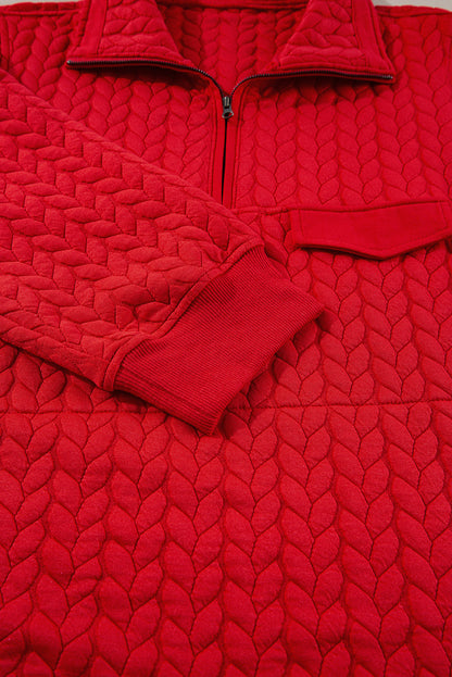 Tomato Red Cable Textured Quarter Zip Pocketed Plus Size Pullover