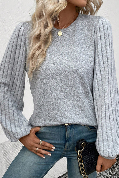 Light Grey Buttoned V Neck Ribbed Puff Sleeve Top