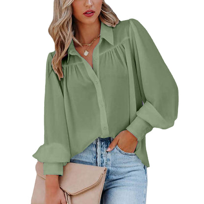 Lantern Sleeve Pleated Solid Color Loose Shirt Long Sleeve Women's Clothing