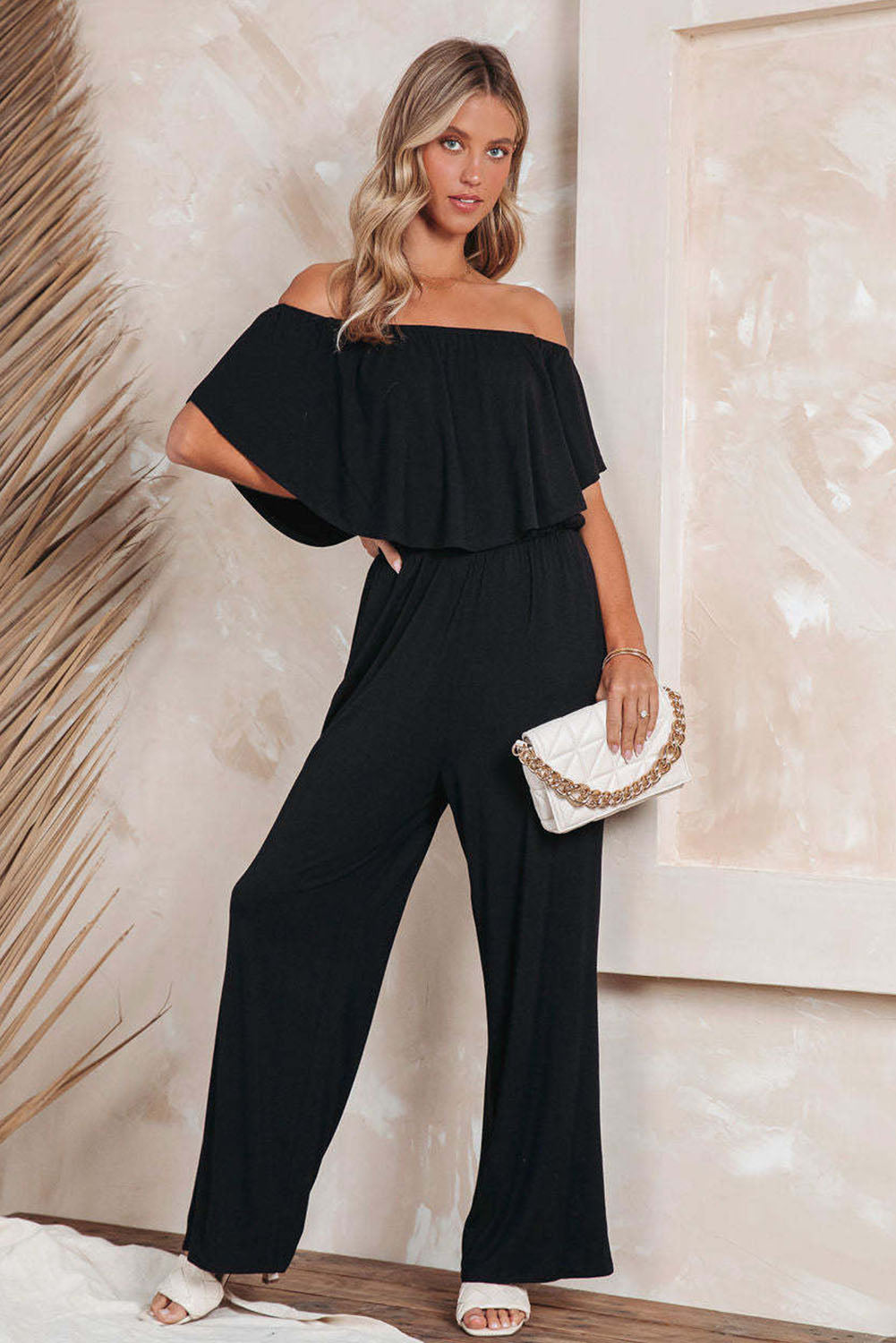 Black Solid Color Off Shoulder Wide Leg Jumpsuit