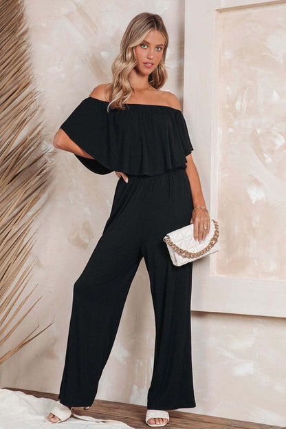 Black Solid Color Off Shoulder Wide Leg Jumpsuit