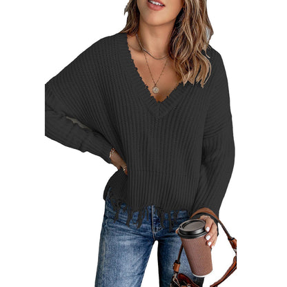 Autumn And Winter Fashion Women's Tassel Ripped Sweater Knitted