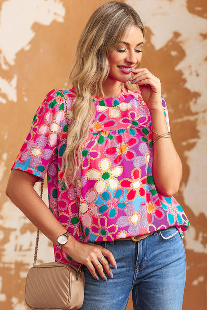 Multicolor Floral Print Bubble Sleeve Shirt