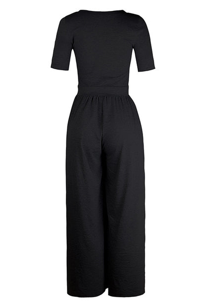 Black Short Sleeve Bodice Flowy Wide Leg Jumpsuit