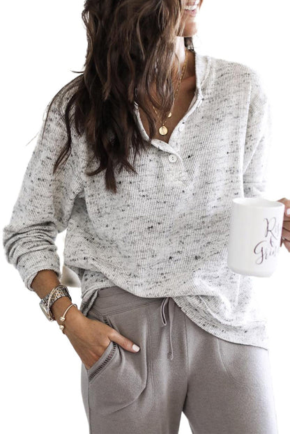 Gray Slouchy Heather Rib Knit Long Sleeve Henley Top