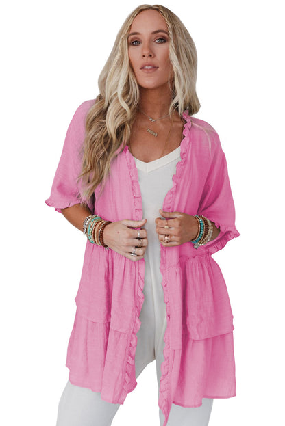 Gray Ruffled Trim Half Sleeve Open Front Kimono