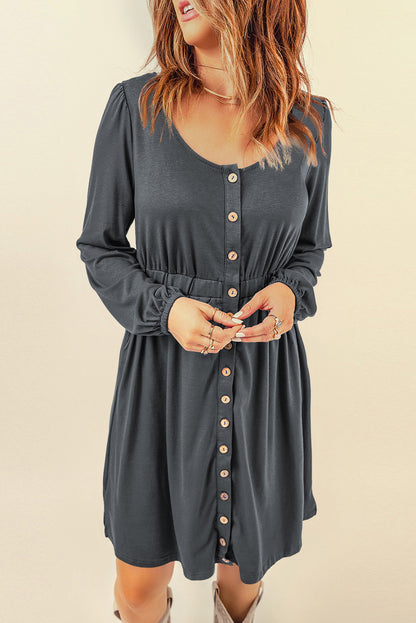 Orange Button Up High Waist Long Sleeve Dress