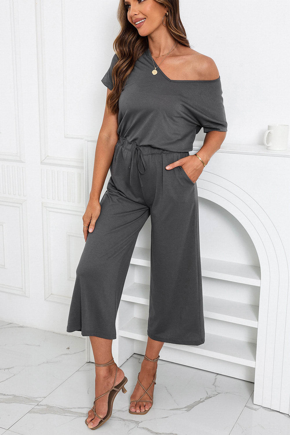 Gray Drawstring Waist Short Sleeve Wide Leg Jumpsuit