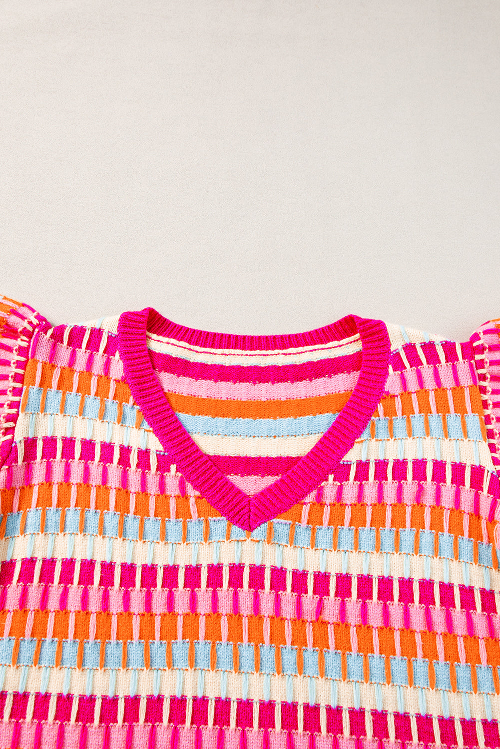 Rose Red Multicolor Flutter Sleeve Knitted Sweater Top