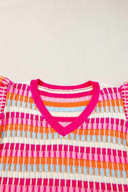 Rose Red Multicolor Flutter Sleeve Knitted Sweater Top