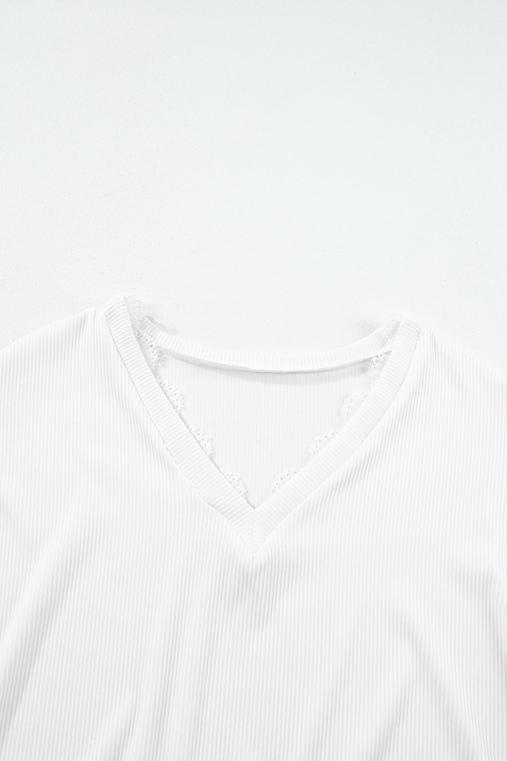 Pink Ribbed Texture Lace Trim V Neck Long Sleeve Top