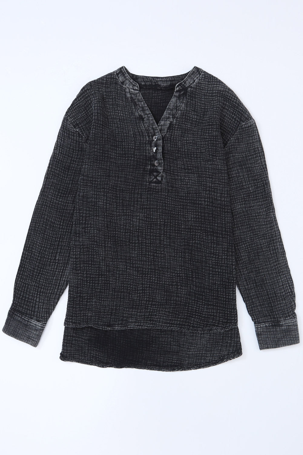 Light Blue Plus Size Split Neck Buttons Crinkled Blouse