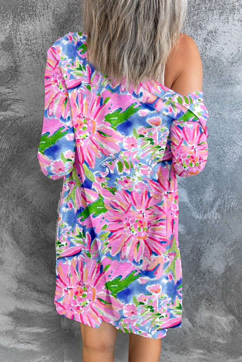 Pink Floral Print Buttoned V Neck Shirt