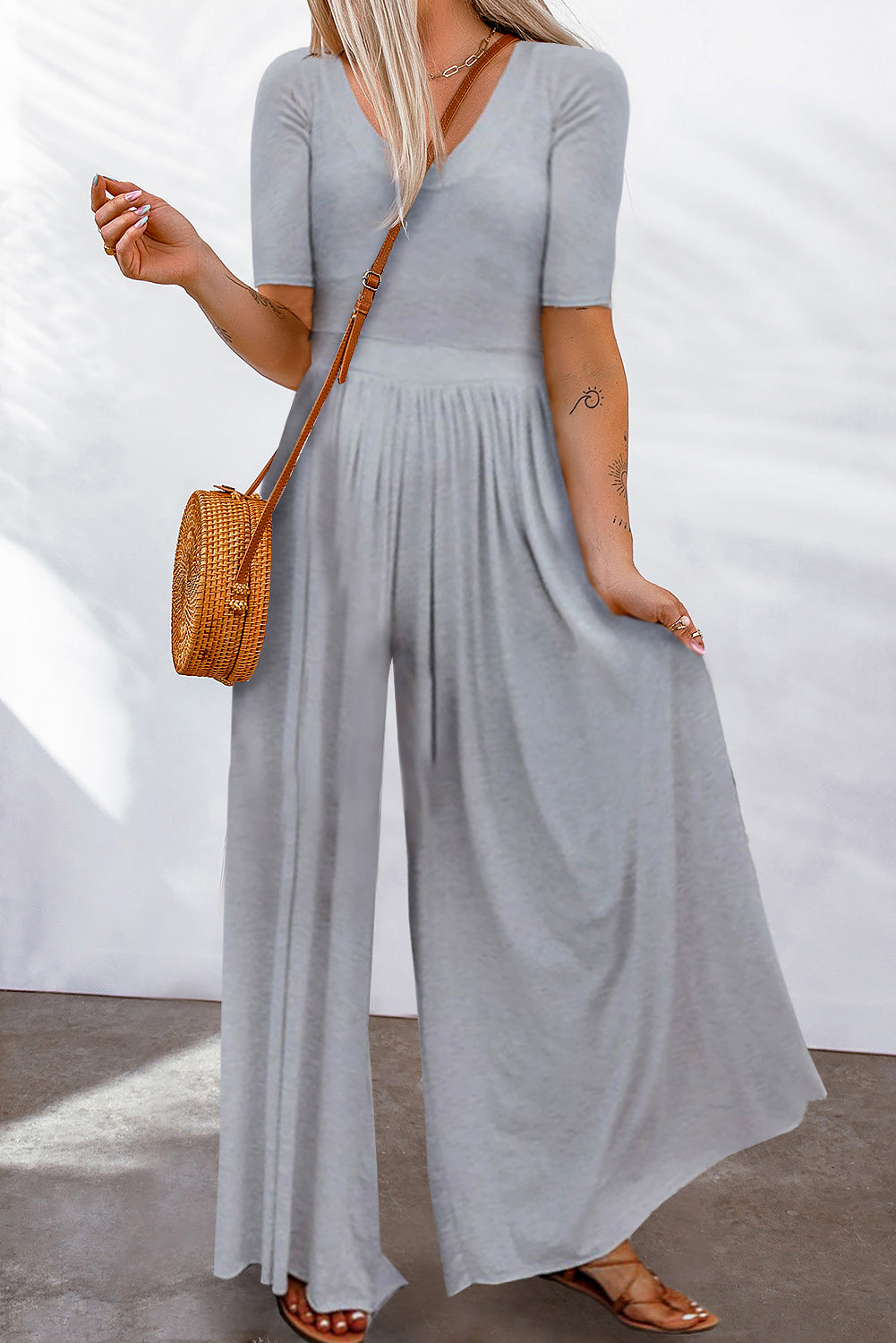 Gray Short Sleeve Bodice Flowy Wide Leg Jumpsuit