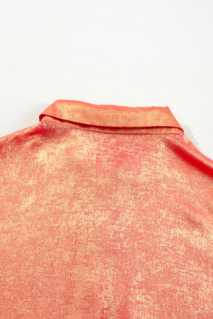 Peach Blossom Metallic Balloon Sleeve Shirt Plus Size Mini Dress