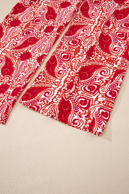 Red Paisley Printed Buttoned High Waist Straight Leg Pants