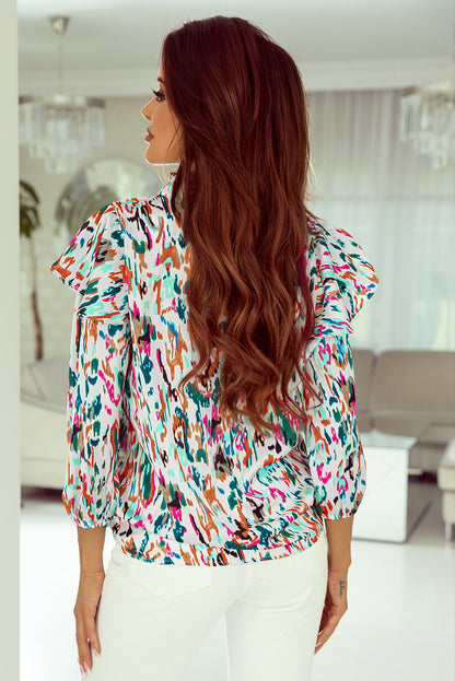 Multicolor Abstract Print Ruffled V Neck Plus Size Blouse
