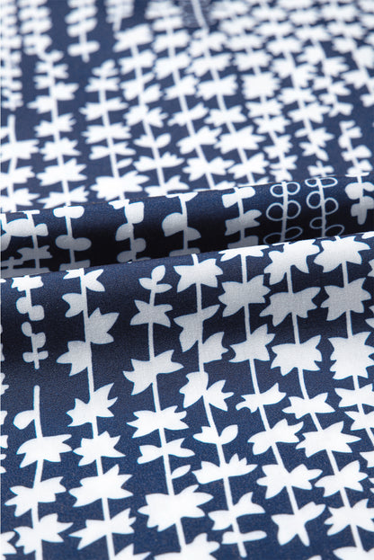 Sky Blue Abstract Print Ric Rac Trim Flutter Sleeve Notch V Neck Blouse