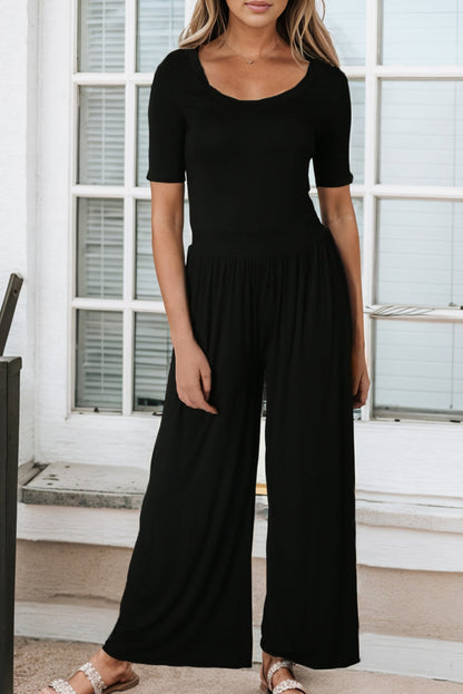 Black Short Sleeve Bodice Flowy Wide Leg Jumpsuit