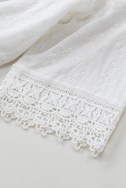 White V Neck Lace Trim Embroidered High Waist Romper