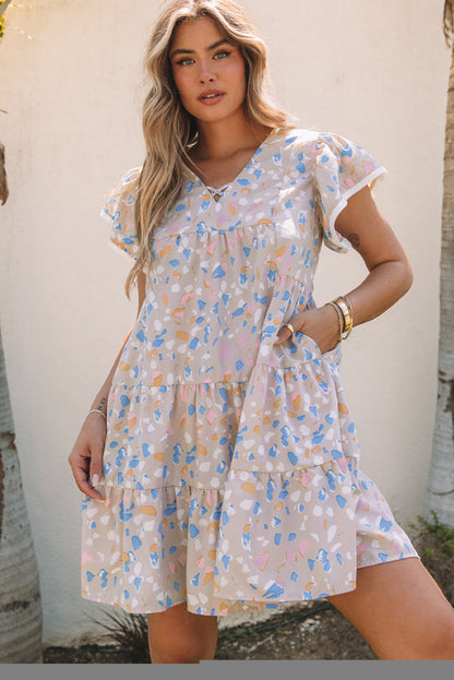 Rose Printed Crisscross Decor V Neck Flutter Sleeve Dress