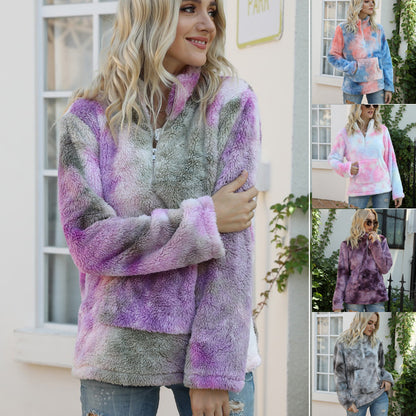 Tie-dye zipper stand collar pocket long sleeve plush sweatshirt