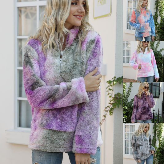 Tie-dye zipper stand collar pocket long sleeve plush sweatshirt