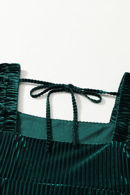 Blackish Green Smocked Ribbed Velvet Babydoll Top